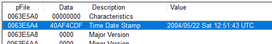 Screenshot showing timestamp provided in the PE executable